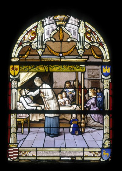 René de Neval, teniente del rey y coronel de la retaguardia en la Baja Bretaña, murió el 13/04/1676, lleno de méritos y virtudes en su castillo de Neval, llorado por sus vasallos - vitrales de la iglesia de St Germain en Kerlaz de French School