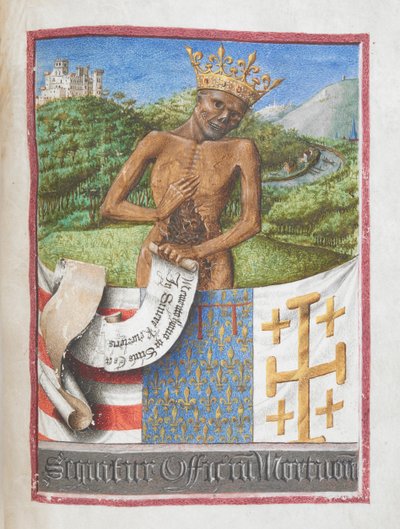 René, duque de Anjou como esqueleto coronado, del Libro de Horas de René de Anjou (vitela) de French School