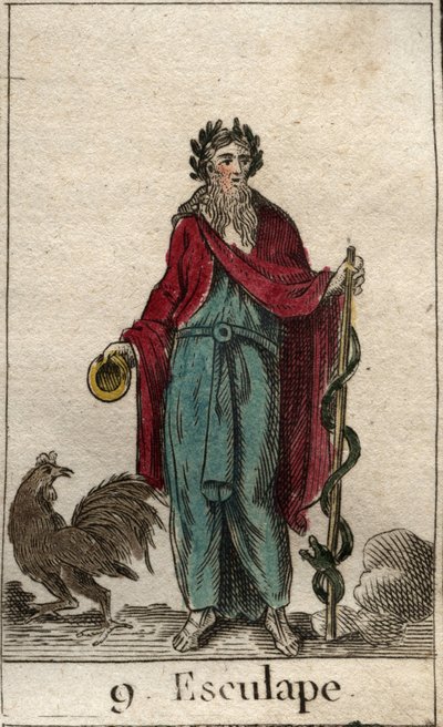 Representación de Asclepio, dios de la Medicina, sosteniendo un bastón de Asclepio, un bastón de peregrino con una serpiente enrollada, símbolo del conocimiento de French School