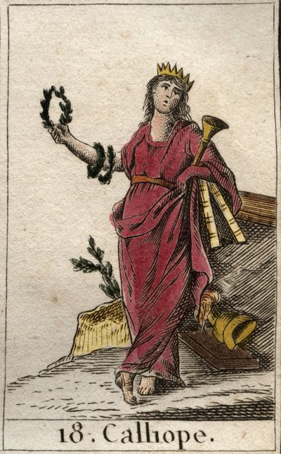 Representación de Calíope, musa de la poesía épica, sostiene en su mano una corona y la trompeta de la epopeya. De “Mitología de la Juventud” por Pierre Blanchard 1803. de French School