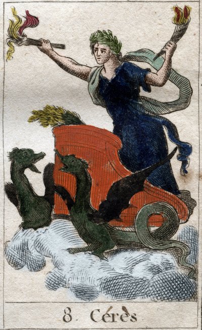 Representación de Ceres en su carro, diosa de la agricultura, la cosecha y la fecundidad. De “Mitología de la juventud” por Pierre Blanchard 1803. de French School