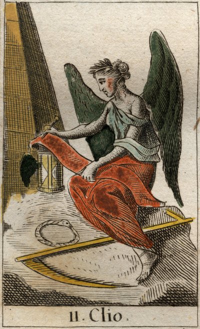 Representación de Clío, musa de la Historia, como una joven coronada con laureles, sosteniendo un rollo de papiro para registrar hechos históricos. De “Mitología de la Juventud” de French School
