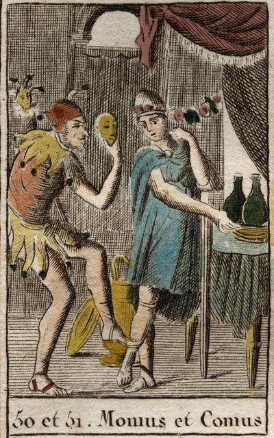 Representación de Comus, divinidad de los gourmets y la cocina, preside los banquetes, representado apoyado en una estaca con una antorcha y Momos, personificación de la burla y el sarcasmo, representado como un bufón de la corte. De “Mitología de la Juven de French School