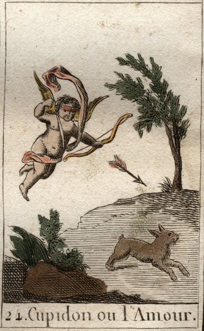 Representación de Cupido, o Amor, sirviente de Venus, como un niño con los ojos vendados, dibujando una flecha. De “Mitología de la Juventud” por Pierre Blanchard 1803. de French School