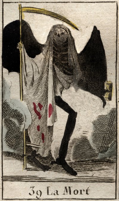 Representación de la Muerte, esqueleto alado vestido de negro, sosteniendo una guadaña. De “Mitología de la juventud” por Pierre Blanchard 1803. de French School