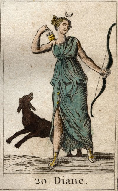Representación de Diana, diosa de la caza, sostiene un arco y flechas. De “Mitología de la Juventud” por Pierre Blanchard 1803. de French School