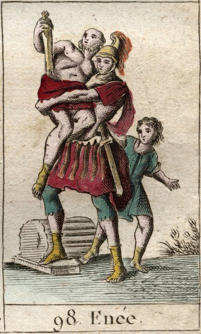 Representación de Eneas durante la huida de Troya tomada por los griegos, llevando a su padre Anquises en sus hombros, seguido por su hijo Ascanio como niño de French School