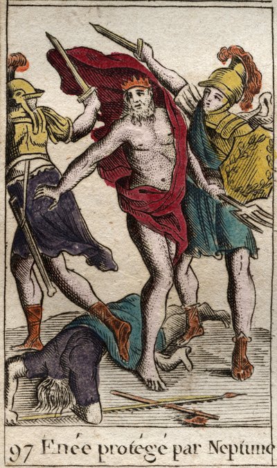 Representación de Eneas, protegido por Neptuno, alejándose de la lucha contra Aquiles. De “Mitología de la Juventud” por Pierre Blanchard 1803. de French School