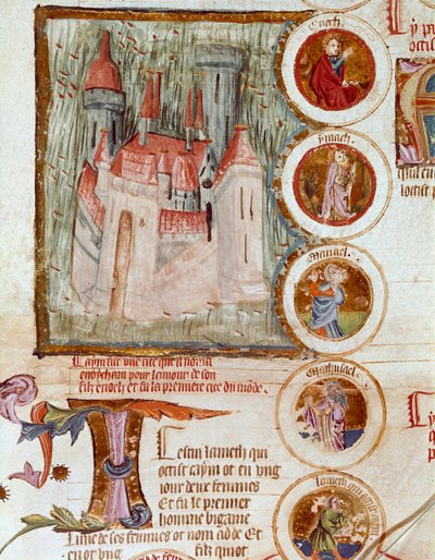 Representación de Enocham, primera ciudad del mundo fundada por Yared (Yered, Jared o Jareth) en homenaje a su hijo Enoc (Henoch o Henoc). Página tomada del manuscrito 