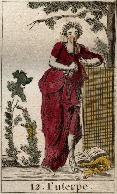 Representación de Euterpe, musa de la música, rodeada de libros de música y tocando la doble flauta (aulos). De 