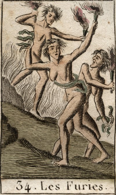 Representación de las Furias, Tisífone, Megera y Alecto, como mujeres demacradas. De “Mitología de la Juventud” por Pierre Blanchard 1803. de French School