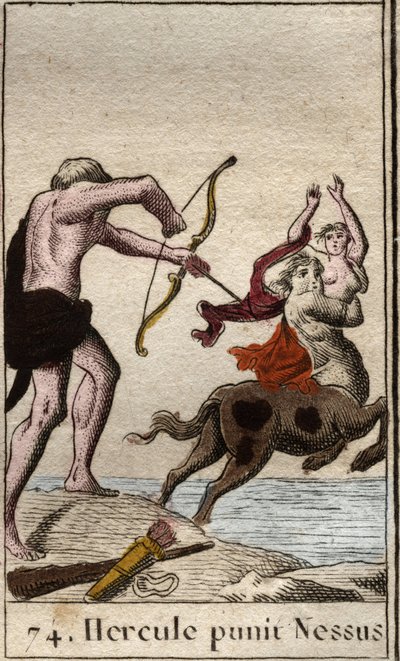 Representación de Hércules disparando una flecha envenenada al centauro Neso que secuestra a su esposa Deianira. De "Mitología de la Juventud" por Pierre Blanchard de French School