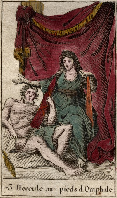 Representación de Hércules, amante de Ónfale, acostado a sus pies, sosteniendo una rueca. De “Mitología de la Juventud” por Pierre Blanchard 1803. de French School