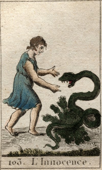 Representación de la Inocencia, como un niño alimentando una serpiente peligrosa. De “Mitología de la juventud” por Pierre Blanchard 1803 de French School
