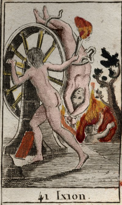 Representación de Ixión, castigado por los dioses, condenado a estar encadenado a una rueda ardiente que gira eternamente. De “Mitología de la Juventud” por Pierre Blanchard 1803. de French School