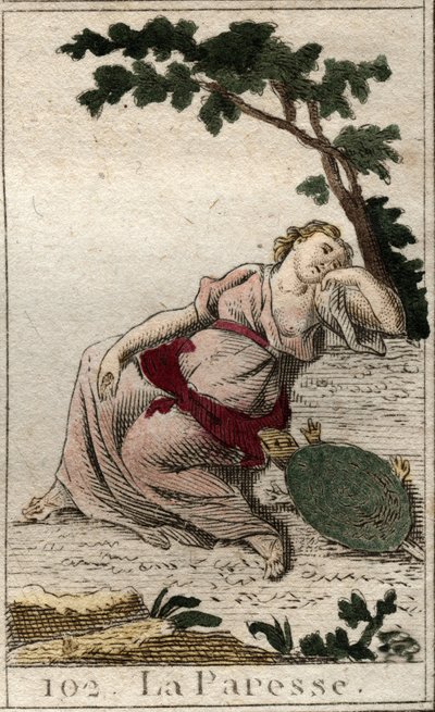 Representación de la Pereza, hija de la Noche y el Sueño como un joven con una tortuga. De “Mitología de la juventud” por Pierre Blanchard 1803 de French School