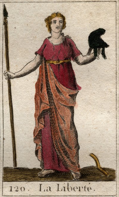 Representación de la Libertad como una mujer sosteniendo un gorro frigio y una pica. De “Mitología de la juventud” por Pierre Blanchard 1803. de French School