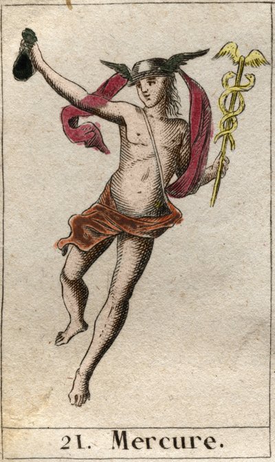 Representación de Mercurio, dios del comercio, los viajes y mensajero de otros dioses. Sostiene un caduceo y lleva un petaso. De “Mitología de la Juventud” por Pierre Blanchard 1803. de French School