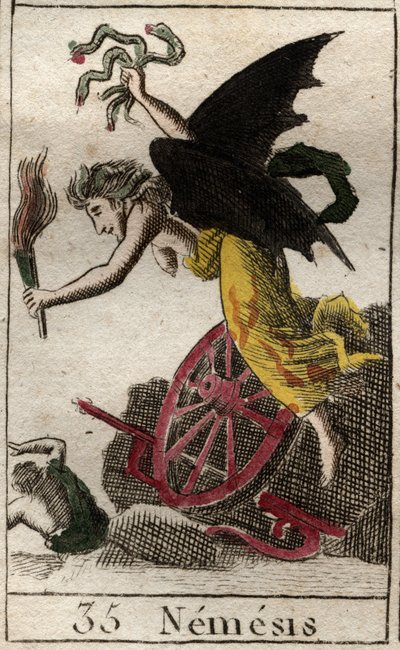 Representación de Némesis, diosa de la Venganza, representada como una mujer alada sosteniendo una antorcha, y serpientes, rueda y timón indican que perseguían a sus víctimas por mar y tierra. De “Mitología de la juventud” por Pierre Blanchard 1803 de French School