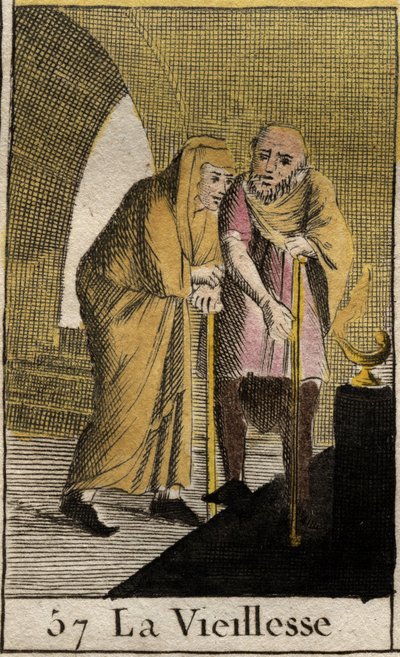 Representación de la Vejez, anciana apoyada en un bastón. De "Mitología de la Juventud" por Pierre Blanchard 1803 de French School
