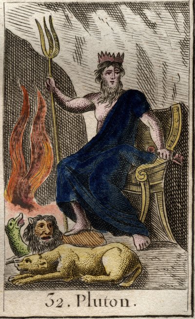 Representación de Plutón, dios del Inframundo, con Cerbero, perro de tres cabezas. De “Mitología de la Juventud” por Pierre Blanchard 1803. de French School