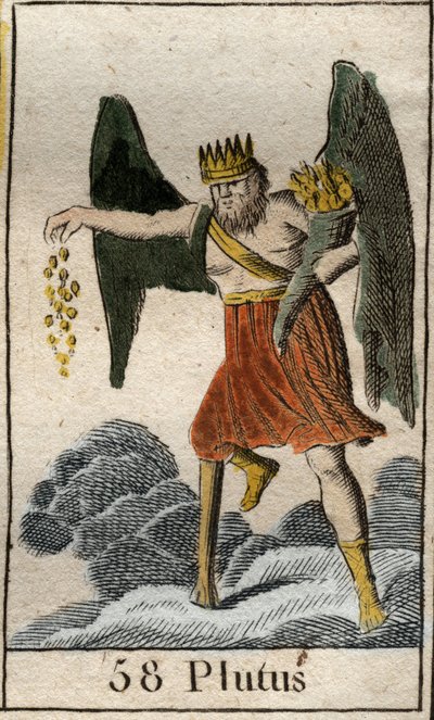 Representación de Plutón (Ploutos), dios de la riqueza, está coronado y ciego, lanza regalos al azar. De “Mitología de la juventud” por Pierre Blanchard 1803. de French School