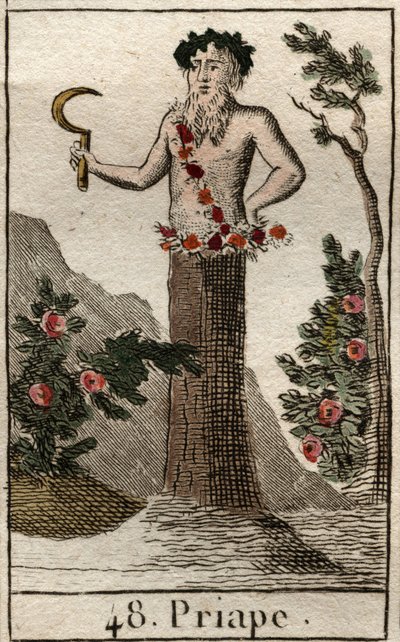 Representación de Príapo, dios de la fertilidad rústica, a menudo representado con un pene permanentemente erecto, sosteniendo una hoz. De “Mitología de la Juventud” por Pierre Blanchard 1803. de French School