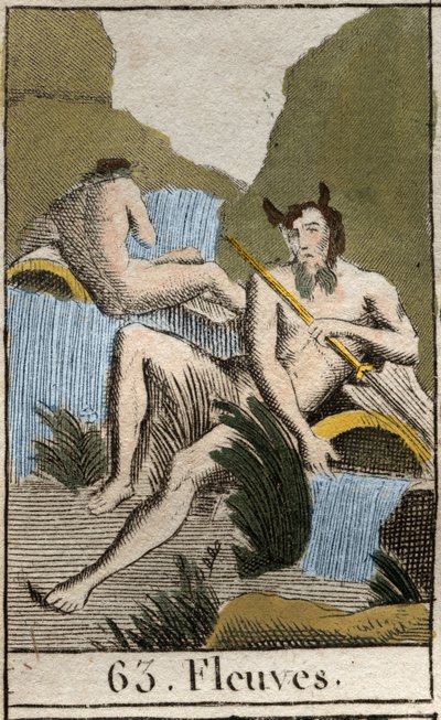 Representación de los ríos, ancianos con barba y cabello mojados, sentados cerca de una urna volcada. De “Mitología de la Juventud” de Pierre Blanchard 1803. de French School