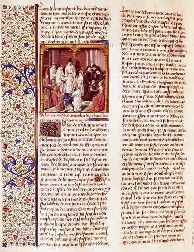 Representación del niño San Bernardo de Claraval (1090-1153). Está en el centro del cuadro, con una aureola sobre la cabeza. Miniatura en "Le miroir historial" (Speculum Historiale) (ms. 1196, fol. 372) de Vincent de Beauva de French School