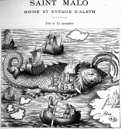 Representación de Saint Malo (San Maclou) en la espalda de una ballena representada al estilo de Saint Brendan (Brandan) por Clonfert o Breanainn por Clonfert (ca. 484-577/578) - grabado de French School