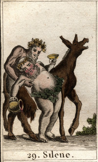 Representación de Sileno, compañero de Baco, borracho, apoyado por un sátiro. De “Mitología de la juventud” por Pierre Blanchard 1803 de French School