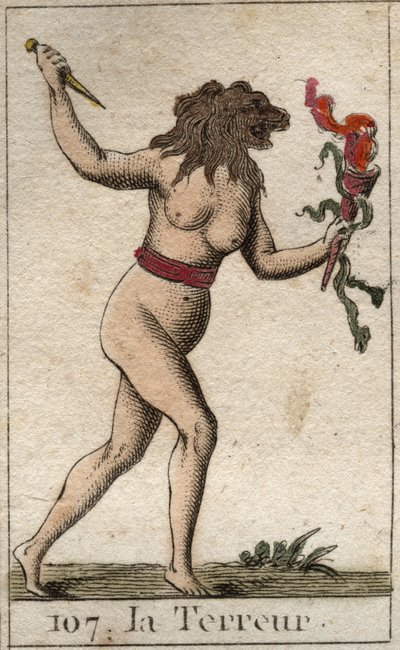 Representación del Terror, como una mujer con cabeza de león, sosteniendo un cuchillo y serpientes. De “Mitología de la juventud” por Pierre Blanchard 1803 de French School