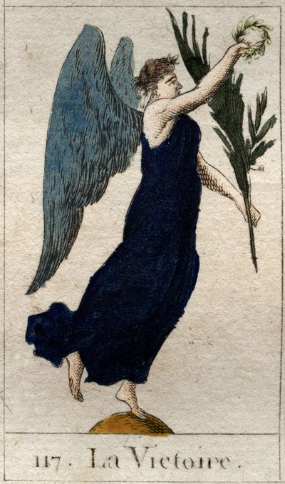 Representación de la Victoria, mujer alada sosteniendo una rama de olivo y una corona de laureles. De "Mitología de la Juventud" por Pierre Blanchard 1803 de French School
