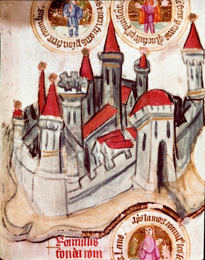 Representación de una ciudad fortificada de la región de Estrasburgo. Miniatura en rollo de pergamino "Genealogía de la Biblia" (ms.199) Siglo XIV Cremone, Biblioteca Governativa de French School