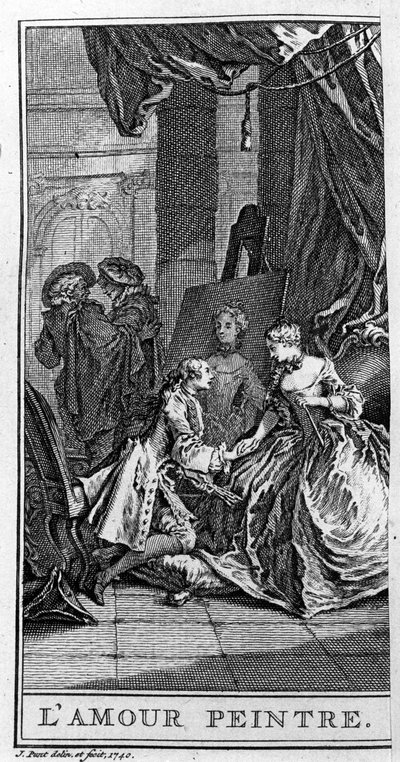 Representación de una escena de la obra “El siciliano o el pintor de amores” de Jean Baptiste Poquelin dit Molière (1622-1673). Grabado de 1740. de French School