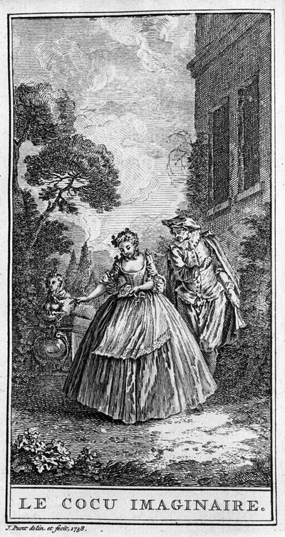 Representación de una escena de la obra “Sganarelle o el cornudo imaginario” (1660) de Jean Baptiste Poquelin dit Molière (1622-1673). Grabado de 1738. de French School