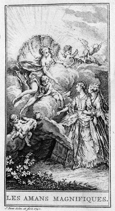 Representación de una escena de la obra "Los amantes magníficos" (1670) de Jean Baptiste Poquelin dit Moliere (1622-1673). Grabado de 1740. de French School