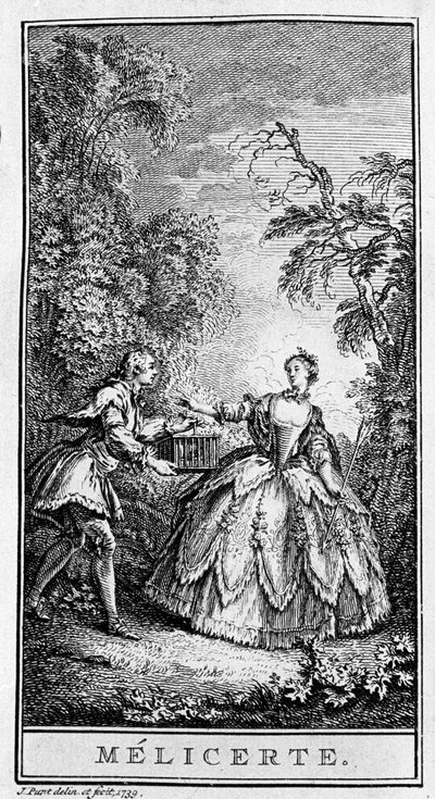 Representación de una escena de la obra “Melicerte” (1666) de Jean Baptiste Poquelin dit Molière (1622-1673). Grabado de 1739. de French School