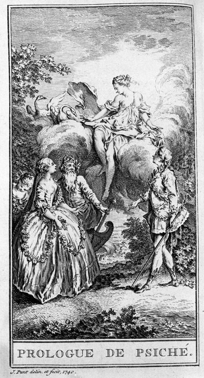 Representación de una escena de la obra “Prólogo de Psique” de Jean Baptiste Poquelin dit Molière (1622-1673). Grabado de 1740. de French School