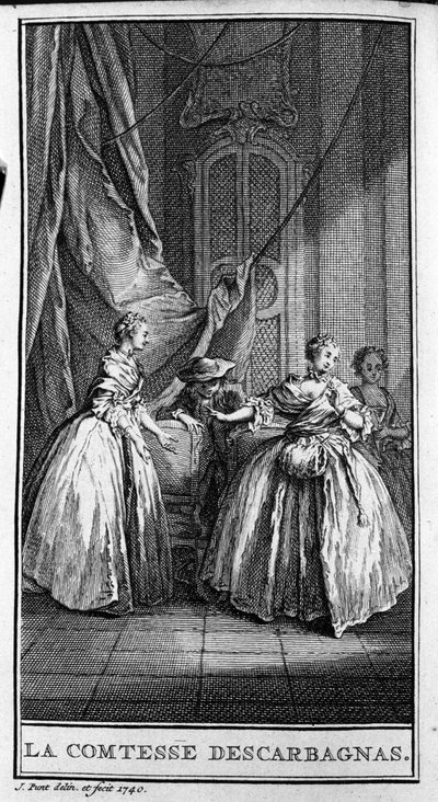 Representación de una escena de la obra “La Condesa de Escarbagnas” (1671) de Jean Baptiste Poquelin dit Molière (1622-1673). Grabado de 1740. de French School