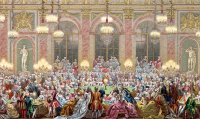 Representación de una sesión de "Jeu du roi" en la corte del rey Luis XV, el juego del rey de French School
