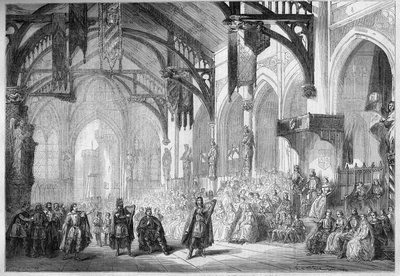 Representación de una ópera: Palacio del Landgrave en Wartburg. Escenografía del Acto II de 