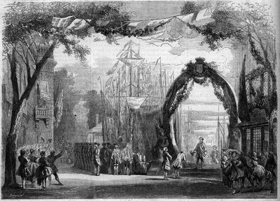 Representación de una ópera: Escenografía del 1er acto de “Le Château Trompette”, basada en un libreto de Eugène Cormon (1811-1903) y Michel Carré (1822-1872), y música de François Auguste Gevaert (1828-1908). París, Ópera Cómica de French School