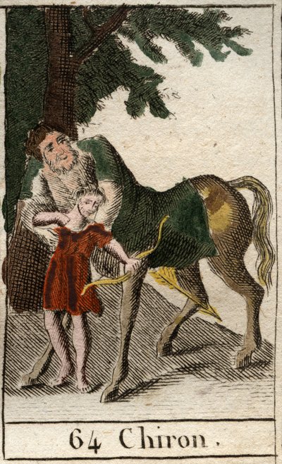 Representación del centauro Quirón, mitad hombre mitad caballo, maestro de la arquería, enseñando esta arte a Aquiles. De "Mitología de la Juventud" de Pierre Blanchard 1803. de French School