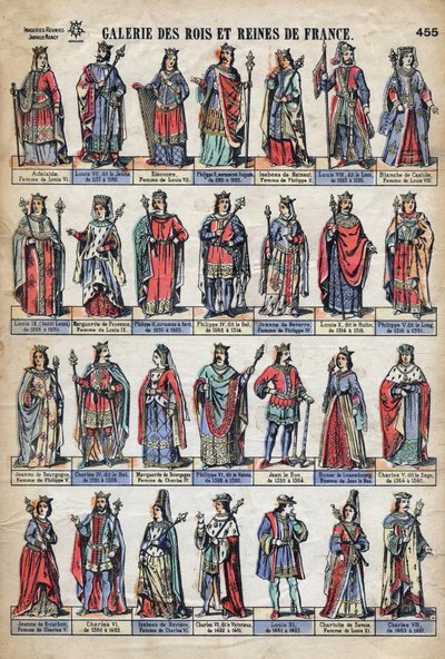 Representación de reyes y reinas de Francia de la dinastía de los Capetos (de Luis VII a Carlos VIII). Ilustración de finales del siglo XIX de French School