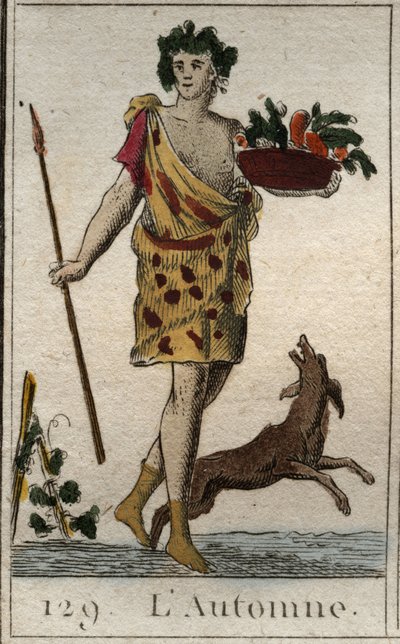 Representación de la estación de Otoño como Vertumno sosteniendo una cesta de frutas, con un perro. De “Mitología de la Juventud” por Pierre Blanchard 1803. de French School