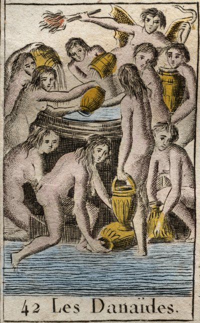 Representación de las Danaides, hijas del Rey Danaos, condenadas al Inframundo, llenando interminablemente un barril sin fondo, por matar a sus primos y esposos. De “Mitología de la Juventud” por Pierre Blanchard 1803. de French School