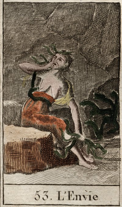 Representación de la Envidia, encarnada por una mujer vieja sosteniendo serpientes mientras otra mujer le muerde el pecho. De “Mitología de la Juventud” por Pierre Blanchard 1803. de French School