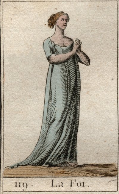 Representación de la Fe, mujer vestida de blanco con las manos unidas. De "Mitología de la Juventud" por Pierre Blanchard 1803 de French School