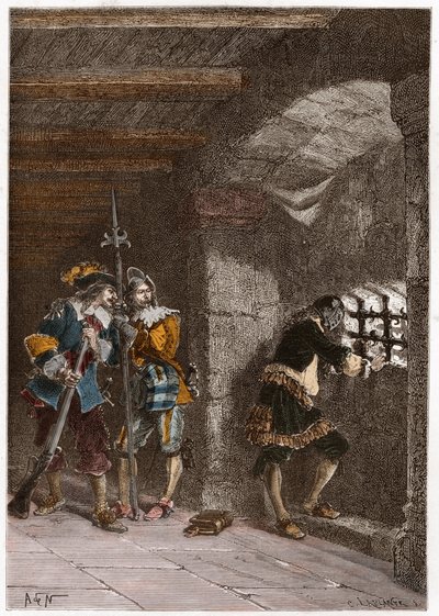Representación de la máscara de hierro (muerto en 1703) encarcelado en la isla de Sainte Marguerite de French School